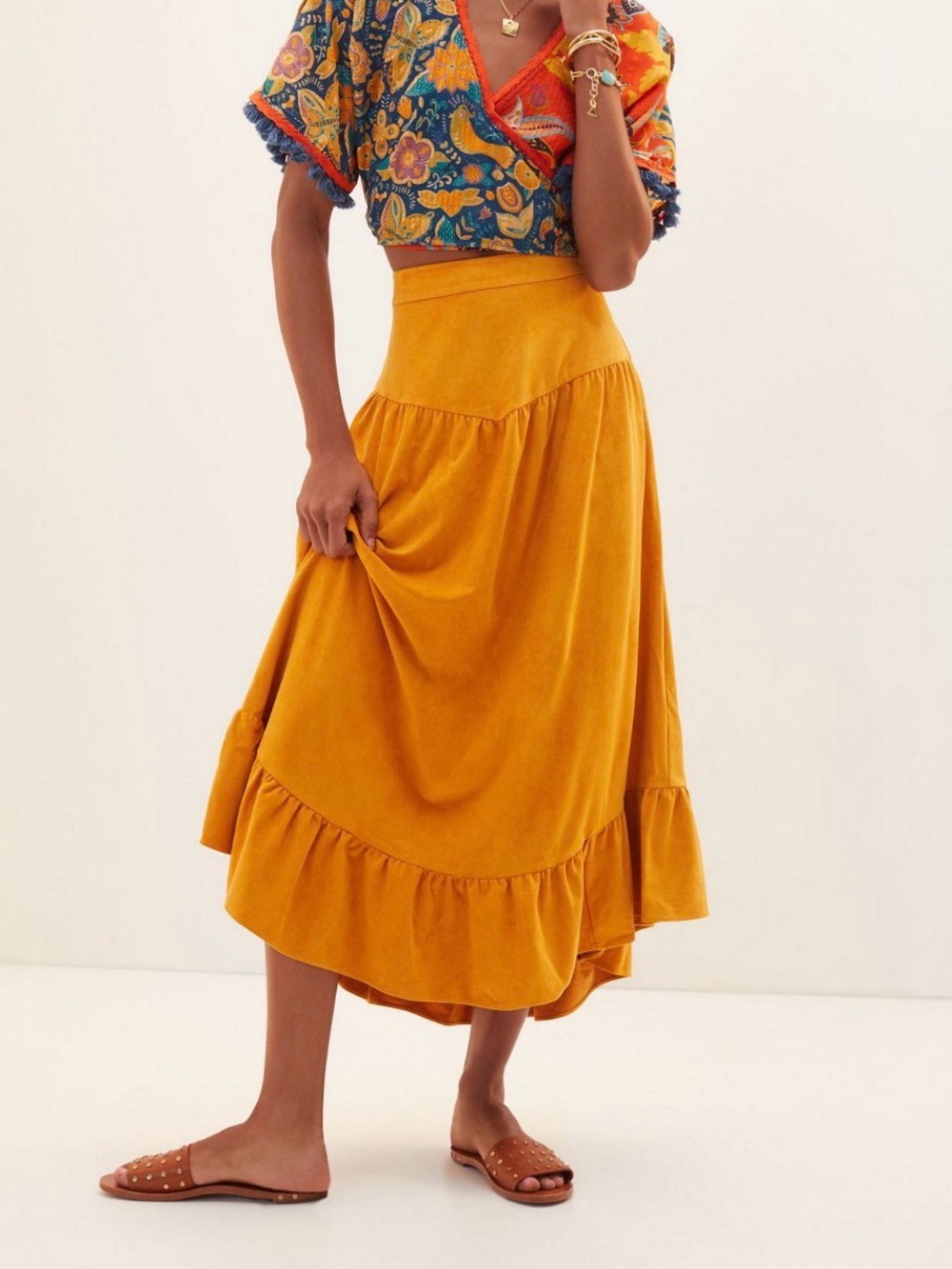 Anthropologie Mustard Tiered Midi Skirt